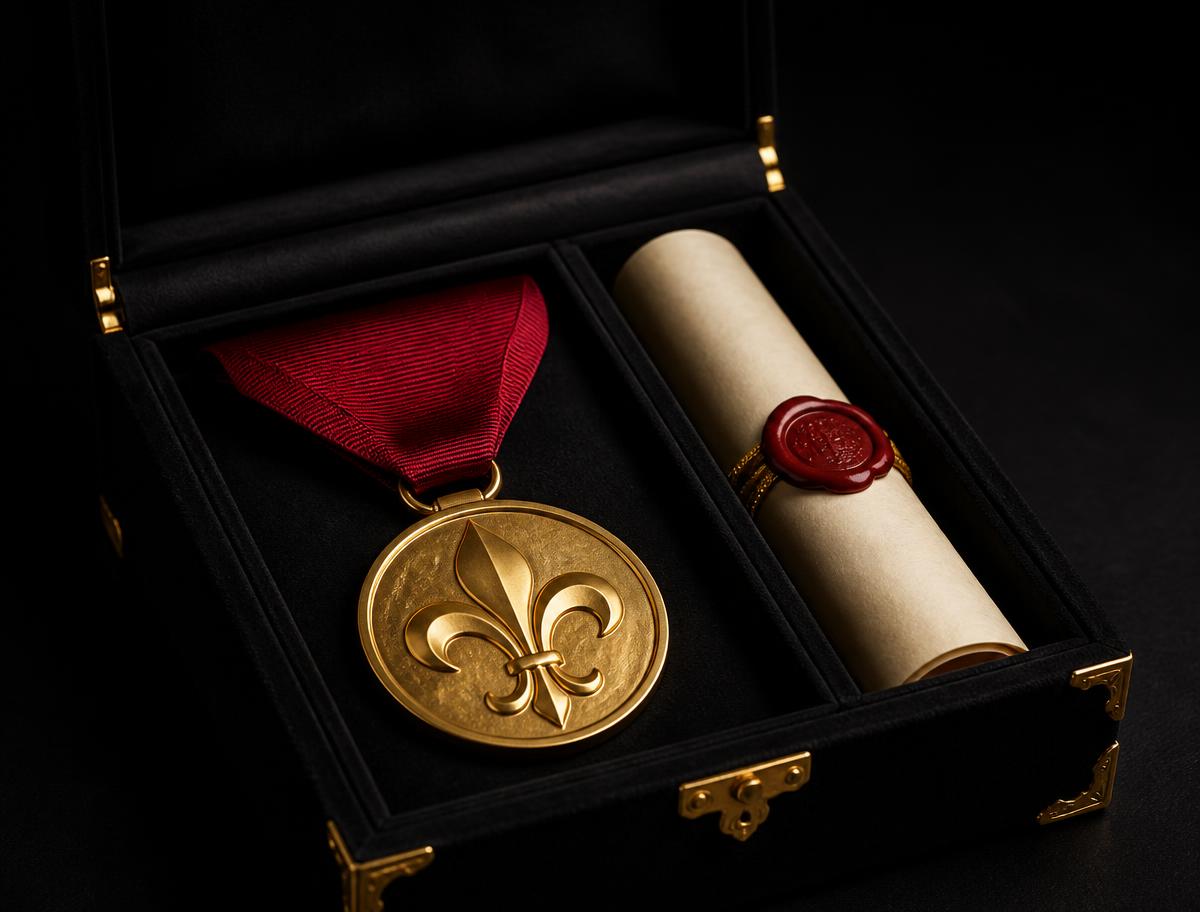 Velvet-lined presentation case holding the council medallion, crimson ribbon and sealed vellum letters patent